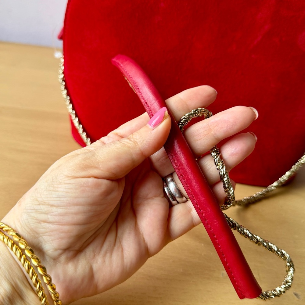SEZANE RED SUEDE ZIP TOP SHOULDER BAG GOLD COLR METAL CHAIN LEATHER STRAP UNUSED - Picture 10 of 16